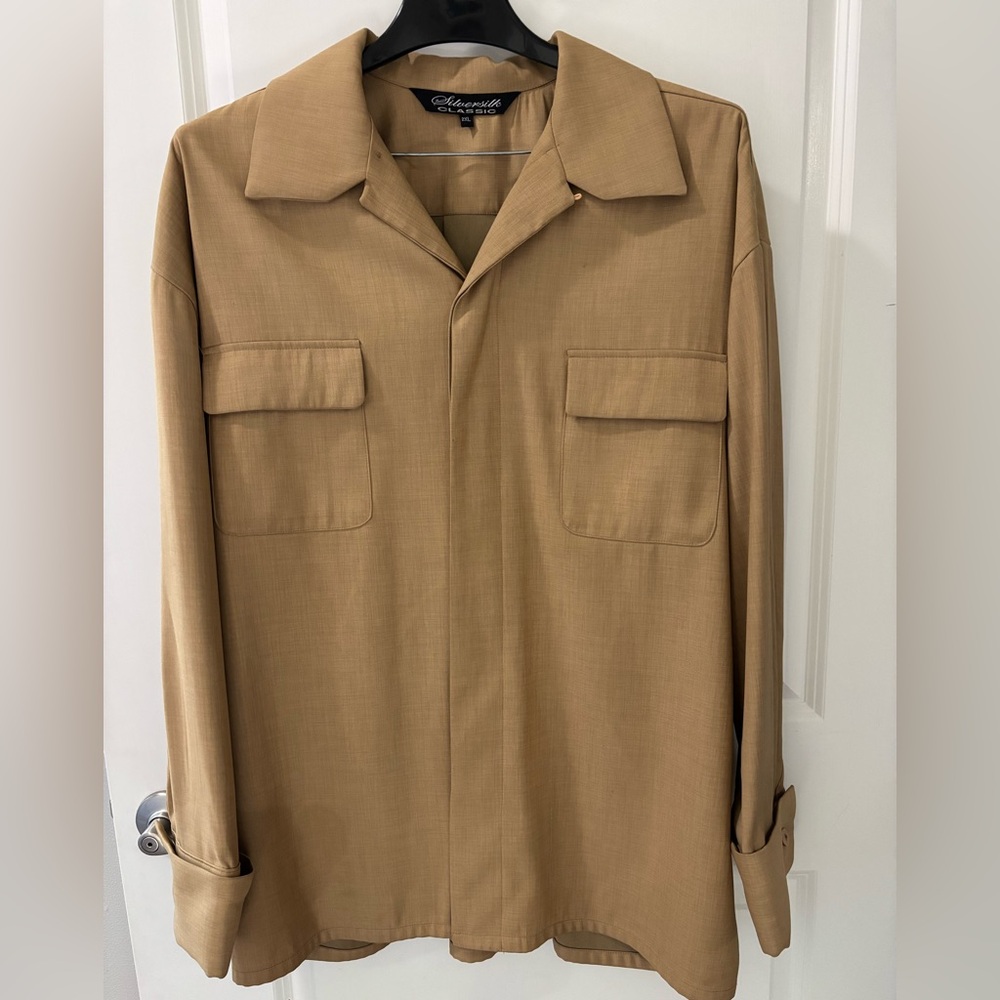 Silver Silk Classic Long Sleeve Large Cuff Tan Shirt Size 2XL